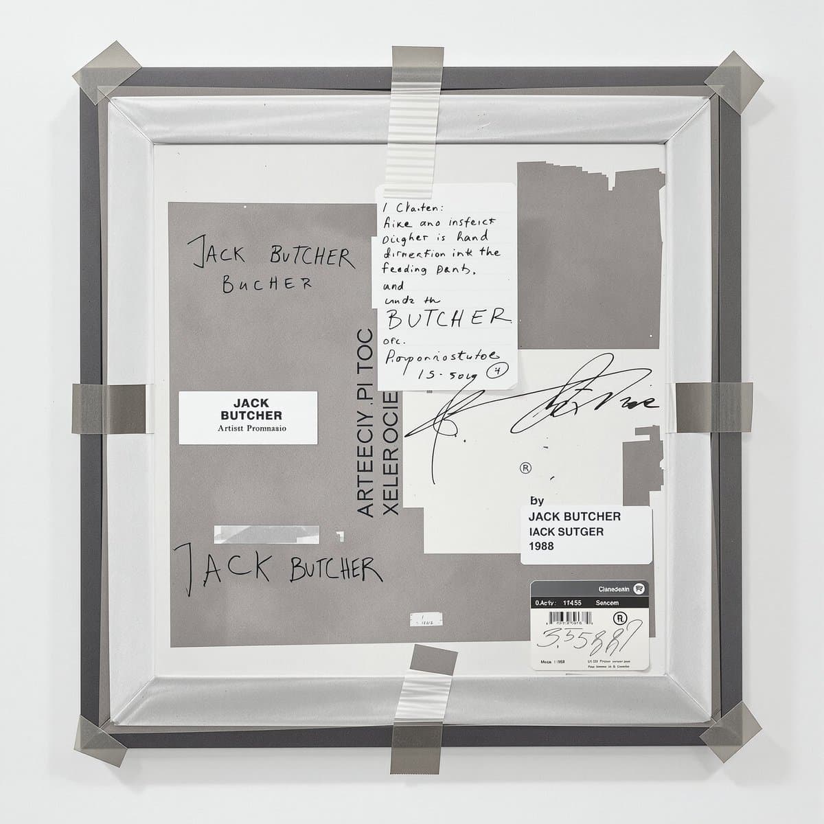Generated image of the back of a frame, with tape, signatures and invented-looking labels.